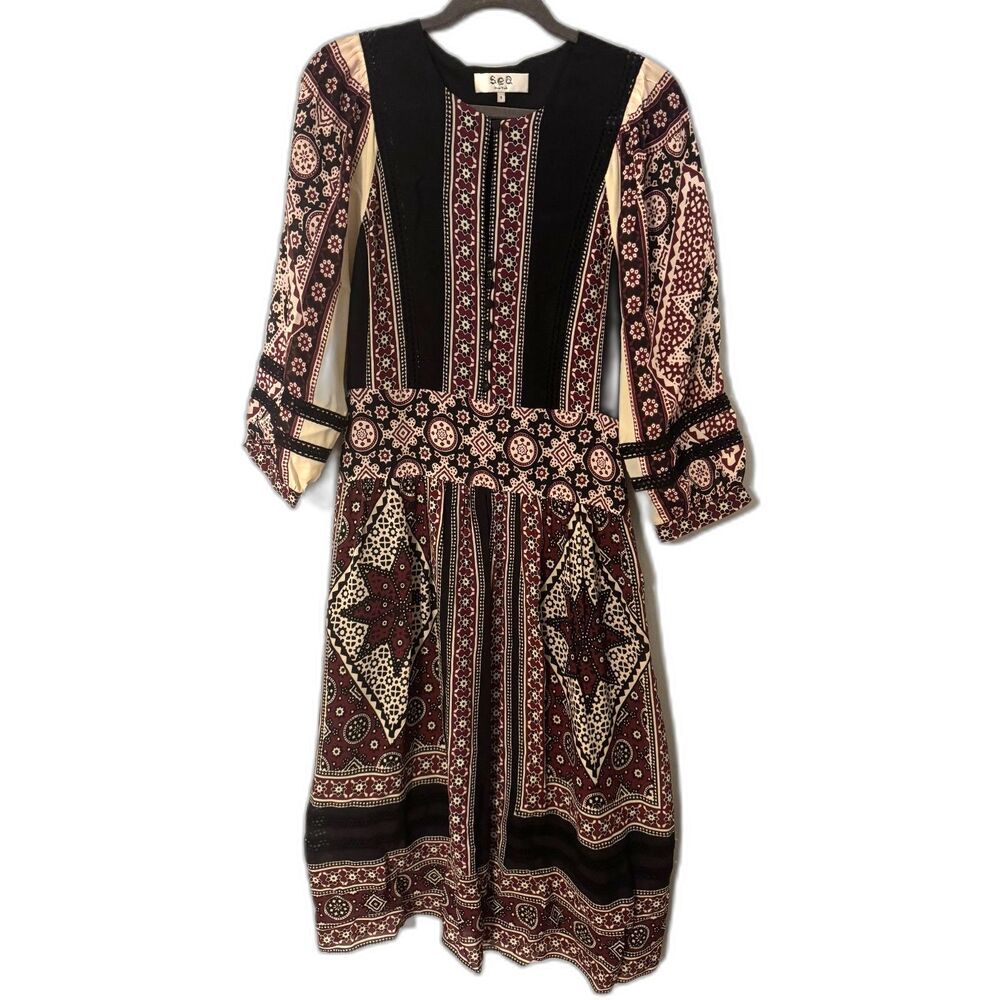 Sea Printed Wine, White, and Black Dress – Women's US Size 8